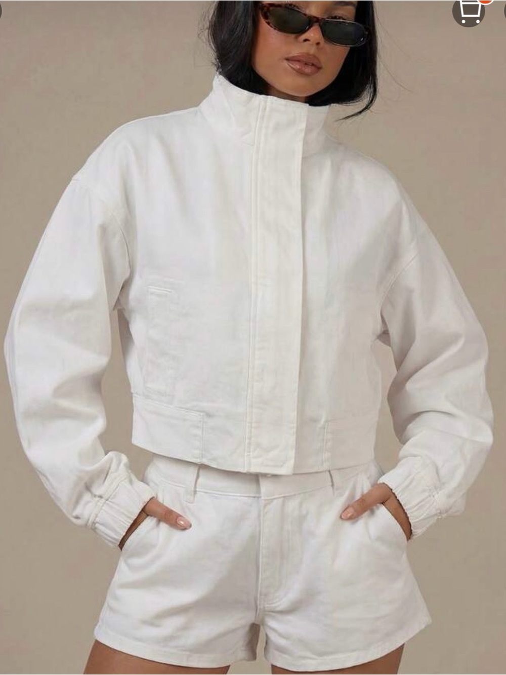Funnel Neck Denim Balloon Sleeve Zip-Front Jacket in Off-White size Medium NWT